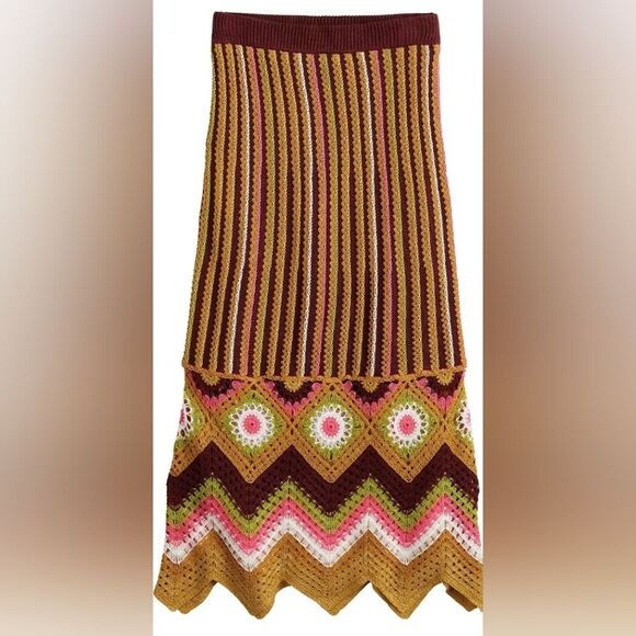 NWT SO Goods for Life Women's Skirt XS Brown Orange Crochet Knit Midi Boho - Picture 3 of 16